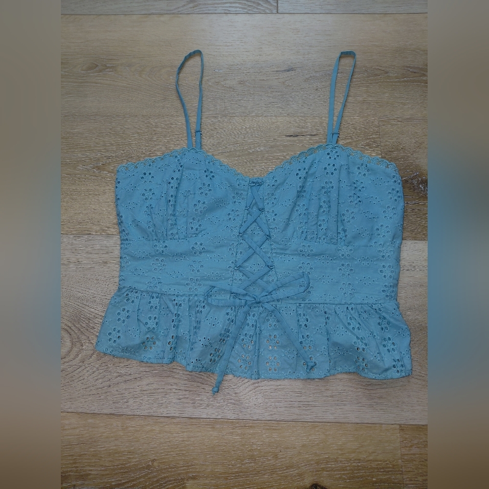 Wild fable Light Green Eyelet Lace-Up Peplum Cami Like New Sz S